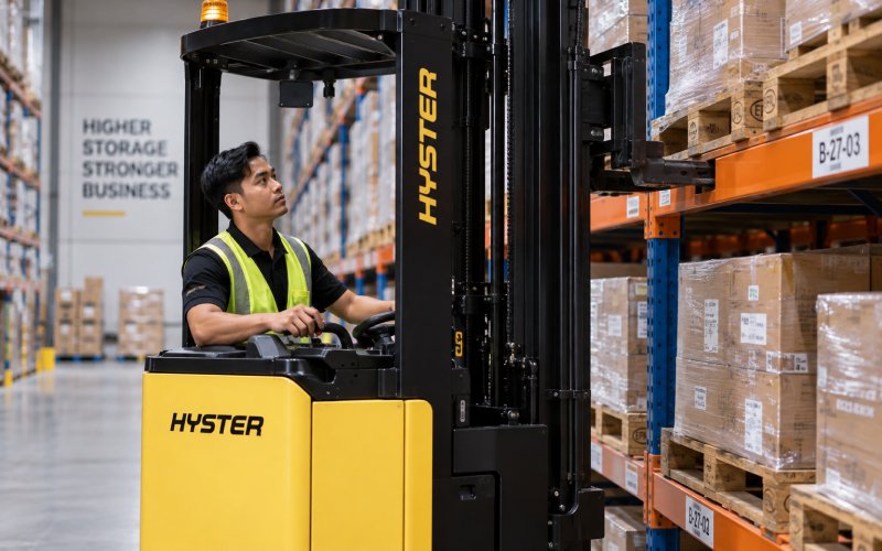 Southeast Asian reach truck operator handling a pallet in a narrow warehouse aisle with high-level storage.