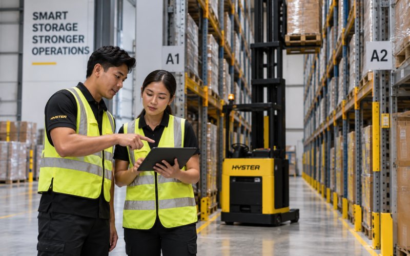Southeast Asian warehouse staff reviewing high-density storage operations beside a VNA truck in a very narrow aisle.