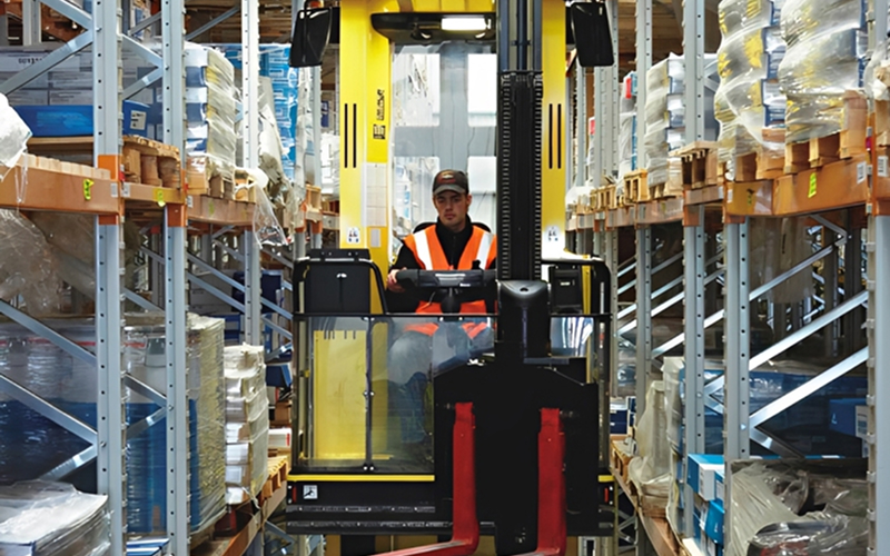 warehouse-operator-driving-forklift-carrying-palletized-load-near-safety-marshals